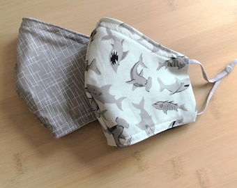Face-Mask-Gray-Shark-Hashtage-Adult-Kids-Filter-Pocket-Cotton-3-Layer-Barrier-Adjustable-Elastic-Ear-Neck-Loop-Nose-Wire-Washable-USA