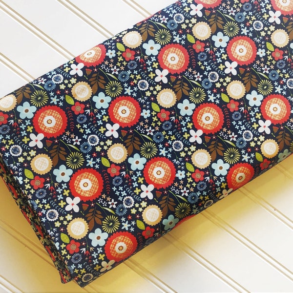 Woodland-Spring-Forest-Wild-Flowers-Meadow-Nature-Orange-Yellow-Green-Navy-Riley-Blake-Designs-Cotton-Quilting-Fat-Quarter-Fabric-By-Yard