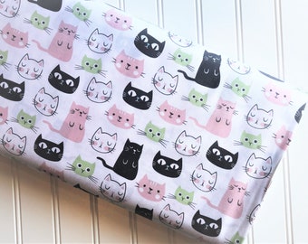 Purrfect-Day-Kitty-Cats-Cat-Faces-Whiskers-Kittens-Black-White-Gray-Pink-Mint-Riley-Blake-Designs-Cotton-Quilting-Fat-Quarter-Fabric-Yard