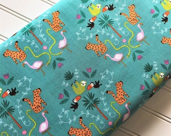 Under-The-Canopy-Jungle-Green-Animals-Leopards-Flamingos-Sloths-Toucans-Riley-Blake-Designs-Cotton-Quilting-Fat-Quarters-Fabric-By-The-Yard