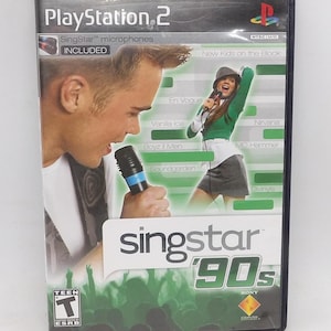 May include: SingStar '90s game for PlayStation 2. The game case features images of people singing into microphones. The game includes SingStar microphones. The game features artists like Nirvana and MC Hammer.
