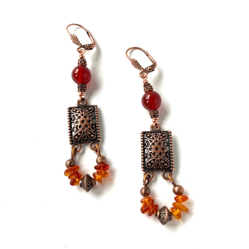 Amber and Carnelian Copper Earrings