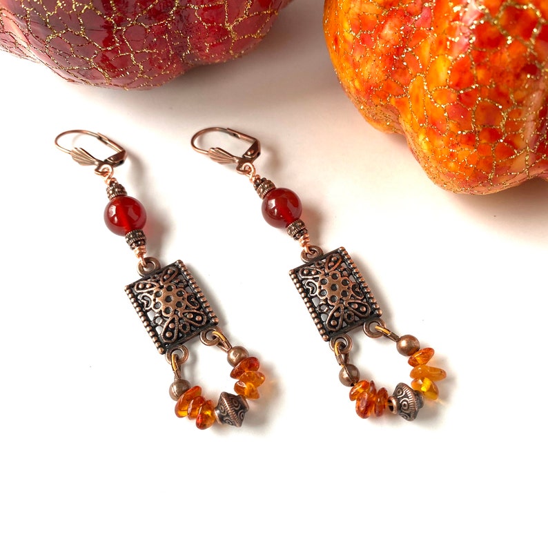 Amber and Carnelian Copper Earrings