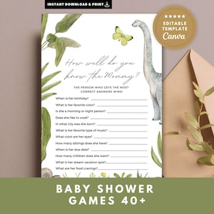 May include: A printable baby shower game card titled How well do you know the Mommy? featuring a watercolour illustration of a long-necked dinosaur, green foliage, and a yellow butterfly. The card includes a list of questions with blank lines.