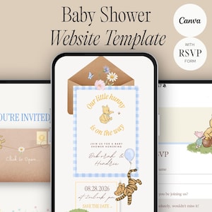 Könnte beinhalten: Ein Babyparty-Website-Template, das auf drei Smartphones angezeigt wird. Das Design zeigt Winnie-the-Pooh-Illustrationen, sanfte Farben und den Text "Baby Shower Website Template" und "RSVP Form". Die Vorlage enthält Einladungs- und RSVP-Bereiche.