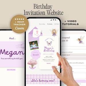 May include: Three smartphones displaying a digital birthday invitation website with purple and white themes. The screens feature fairy illustrations, a butterfly, a cherry blossom tree, and text including Megan's Birthday, RSVP, and She's turning one.