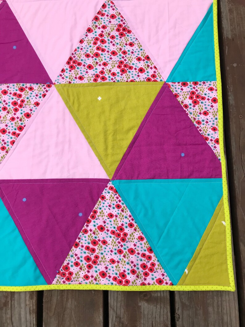 Neon Girly Baby Quilt Bedding Toddler Large Crib Blanket Triangles Bright Flourescent Pink Green Blue Flowers Modern Trendy