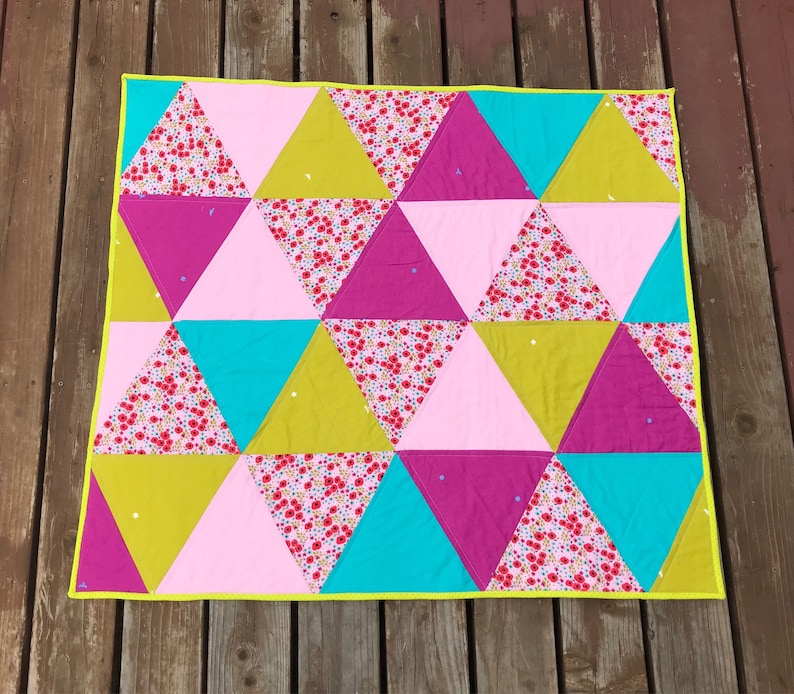Neon Girly Baby Quilt Bedding Toddler Large Crib Blanket Triangles Bright Flourescent Pink Green Blue Flowers Modern Trendy