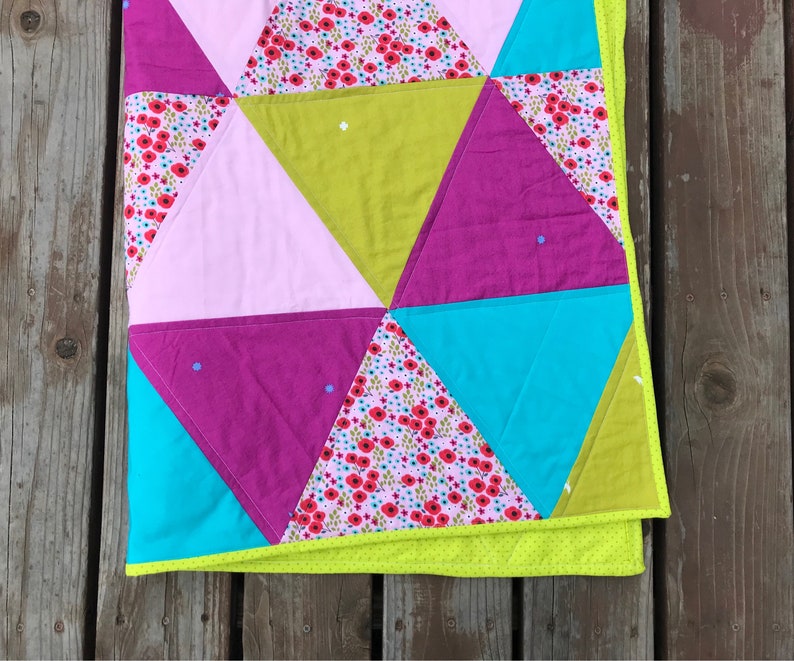 Neon Girly Baby Quilt Bedding Toddler Large Crib Blanket Triangles Bright Flourescent Pink Green Blue Flowers Modern Trendy