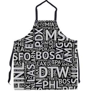 May include: Black and white apron with a pattern of airport codes, including LAX, JFK, SFO, and DTW.