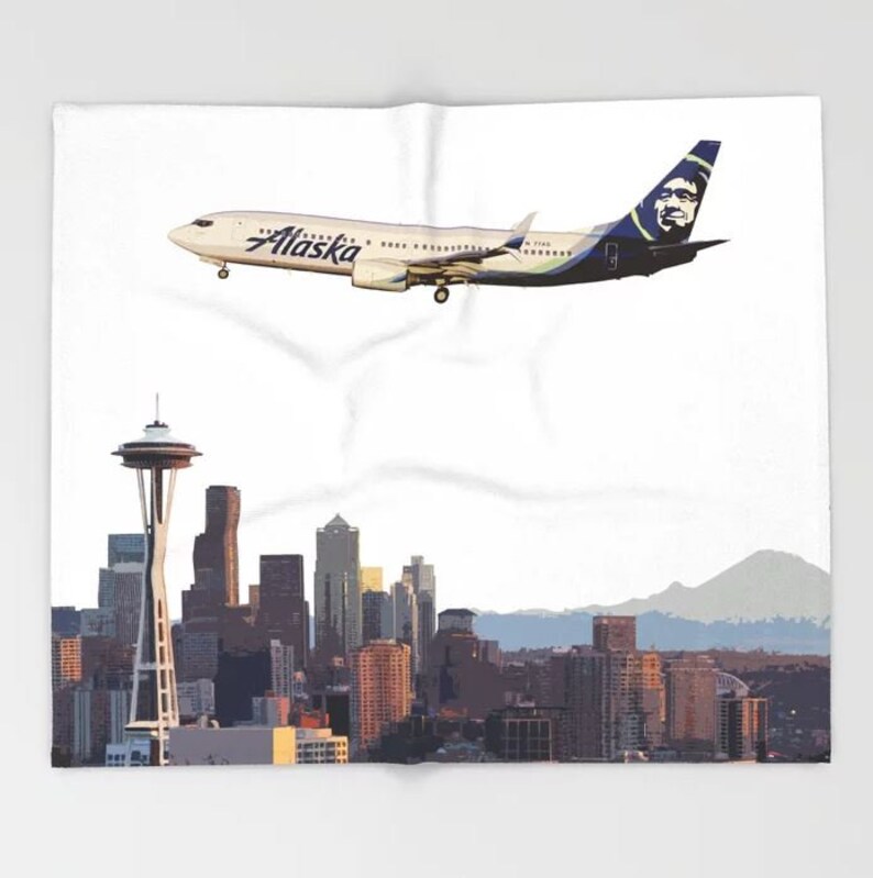 Alaska Airlines Boeing 737 over Seattle Art Throw Blanket Etsy