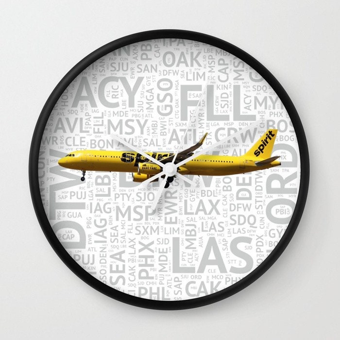 Spirit Airlines Airbus A321 with Airport Codes Wall Clock