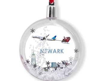 757 with Santa over Newark -  Snow Globe Ornament