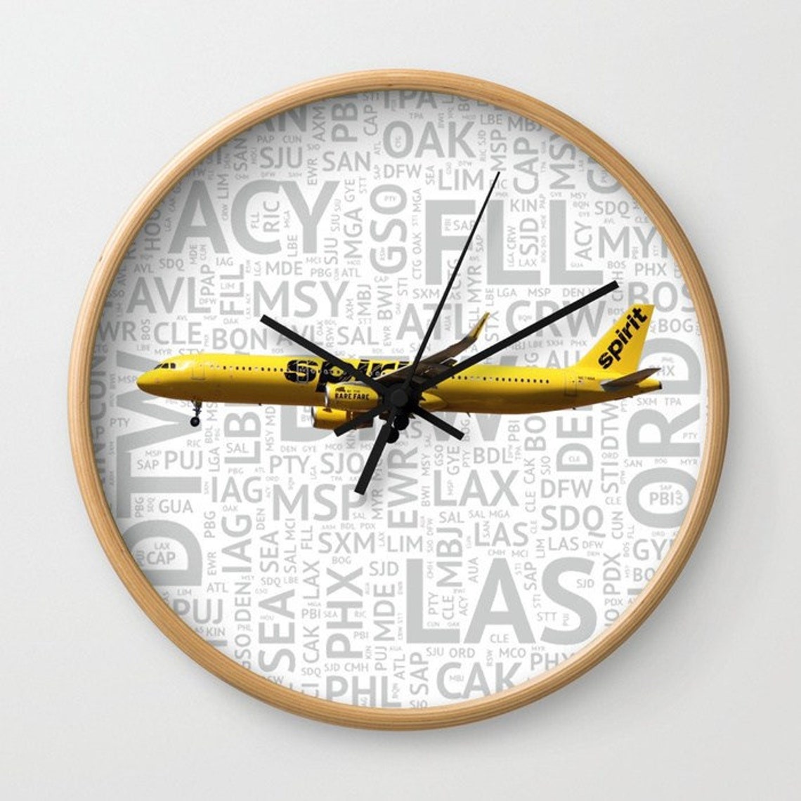 Spirit Airlines Airbus A321 with Airport Codes Wall Clock