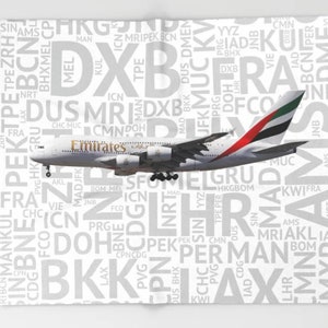 Emirates Airbus A380 with Airport Codes - Throw Blanket