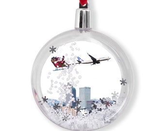 737 with Santa over Denver -  Snow Globe Ornament