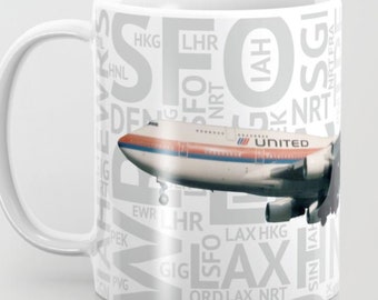 747-400 (Tulip Logo) with Airport Codes - Coffee Mug
