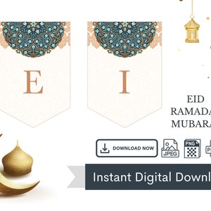 Puede incluir: Diseño de banner digital para Eid Ramadan Mubarak. El banner presenta dos banderas de banderín con las letras "E" e "I", adornadas con patrones ornamentados en turquesa y dorado. El diseño incluye una luna creciente, una cúpula de mezquita y linternas colgantes.