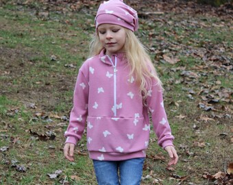 Girls Pullover Set, Pink Butterfly Outerwear, Half Zip, Free Beanie