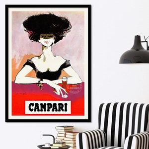 Campari Woman 1960s Vintage Poster Print |  Advertising | Campari | Italy | Kitchen | Bar