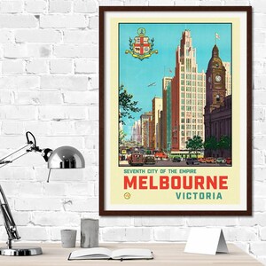 Impresión mural de Melbourne, década de 1940 / Australia / Viajes / Turismo / Ciudad / CBD / Tranvías / Edificio Manchester Unity