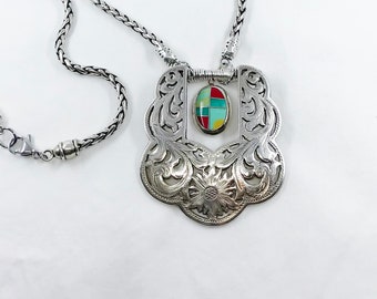 Vintage Silver and Turquoise Pendant Necklace, Buckle Jewelry, Western Jewelry