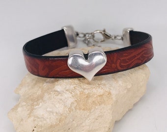 Silver Heart Slide Bracelet, Leather Bracelet, Cuff Bracelet