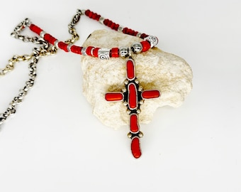 Sterling Silver Coral Cross Necklace, Brighton Chain, Boho Jewelry