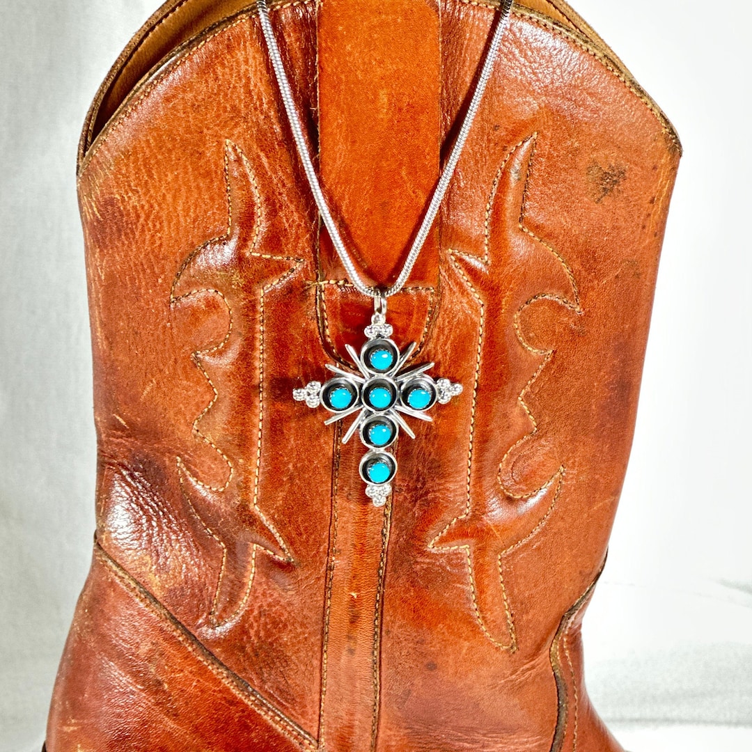 Western Necklace, Sterling Cross Necklace, Turquoise Jewelry, Vintage