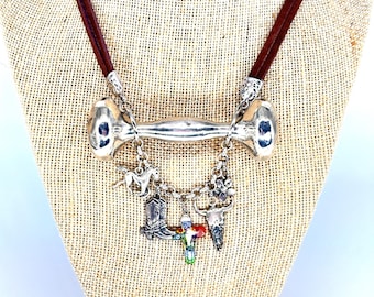 Vintage Sterling Silver Charm Necklace, Leather Cord, Western Jewelry