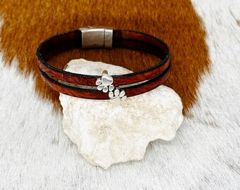 Dog Paw Leather Bracelet, Embossed Double Strand Cuff