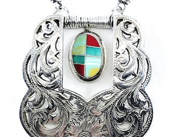 Vintage Tony Lama Buckle Necklace, Sterling Silver Turquoise Coral Pendant