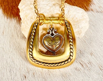 Vintage Brighton Gold Tone Heart Buckle Necklace, 20" Chain