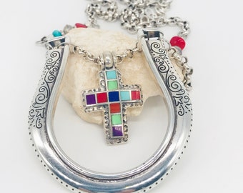Vintage Brighton Buckle Necklace, Multi Stone Cross Pendant, Rolo Chain