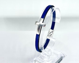 Leather Cuff Bracelet, Sterling Silver Cross, Christian Jewelry