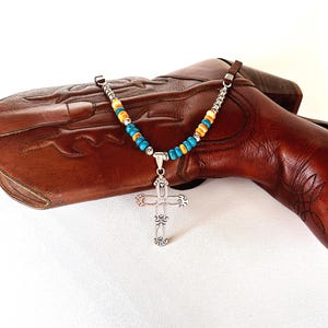 Beaded Leather Necklace, Western Jewelry, Sterling Cross