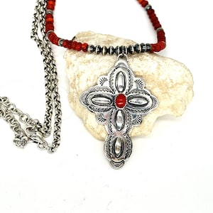 Vintage Navajo Sterling and Coral Cross, Cross Necklace, Cross Jewelry