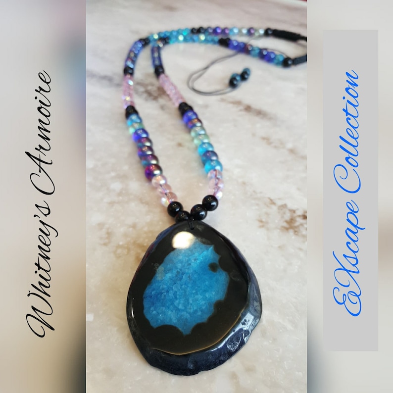 EXscape Collection Blue And Black Agate Glass Pendant beaded Necklace Black Blue Pink Beads Peace Yoga Meditation Stress Reliever