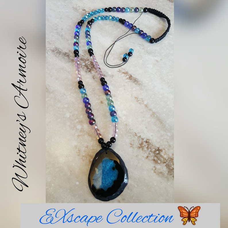 EXscape Collection Blue And Black Agate Glass Pendant beaded Necklace Black Blue Pink Beads Peace Yoga Meditation Stress Reliever