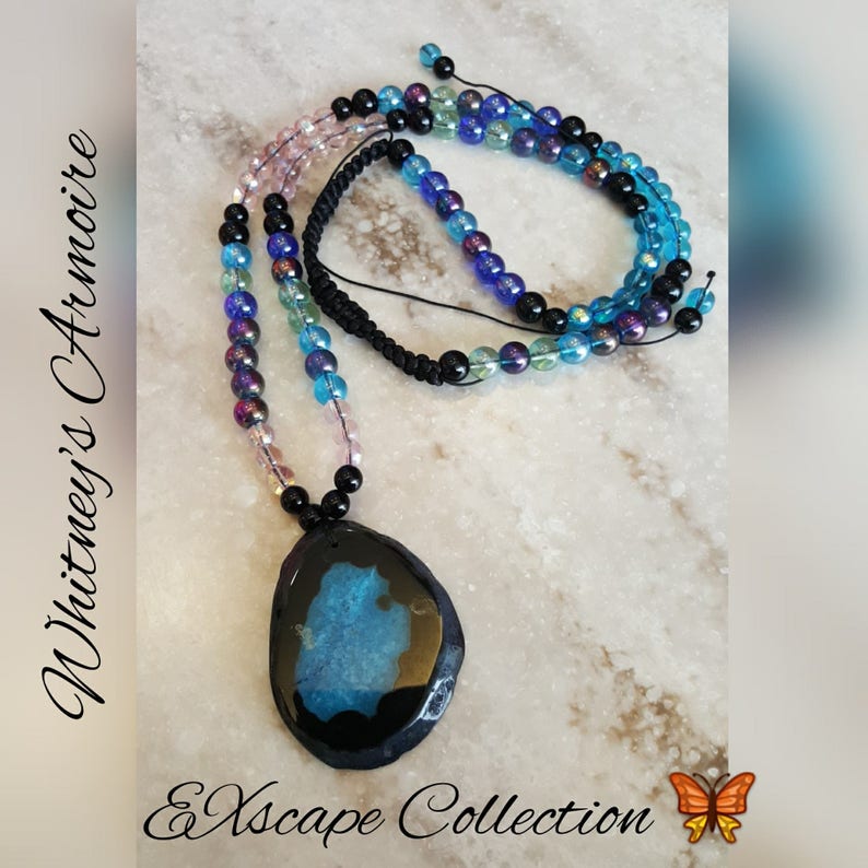 EXscape Collection Blue And Black Agate Glass Pendant beaded Necklace Black Blue Pink Beads Peace Yoga Meditation Stress Reliever