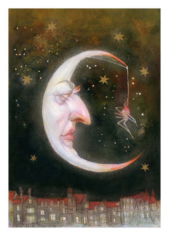 Moon Face and Spider Illustrated Art Print | Etsy