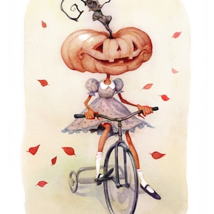 Pumpkin Bike Ride Illustrated Pumpkin People Art Print