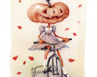 Pumpkin Bike Ride Illustrated Pumpkin People Art Print