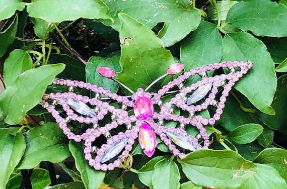 Huge Butterfly Brooch ~ Pink & Blue Rhinestones