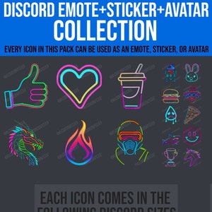 Neon Discord Emojis, Discord Emotes, Discord Stickers, Discord Avatar, Chibi Twitch Emotes, thumbs up, unicorn, hamburger, fire, dragon
