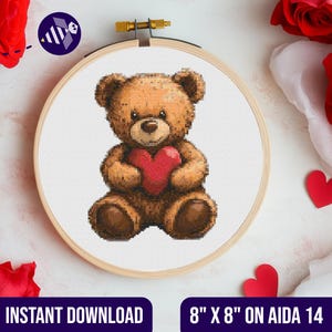 Teddy Bear Cross Stitch Pattern, Teddy Bear with Heart Cross Stitch Pattern, Challenging Cross Stitch Pattern, Difficult