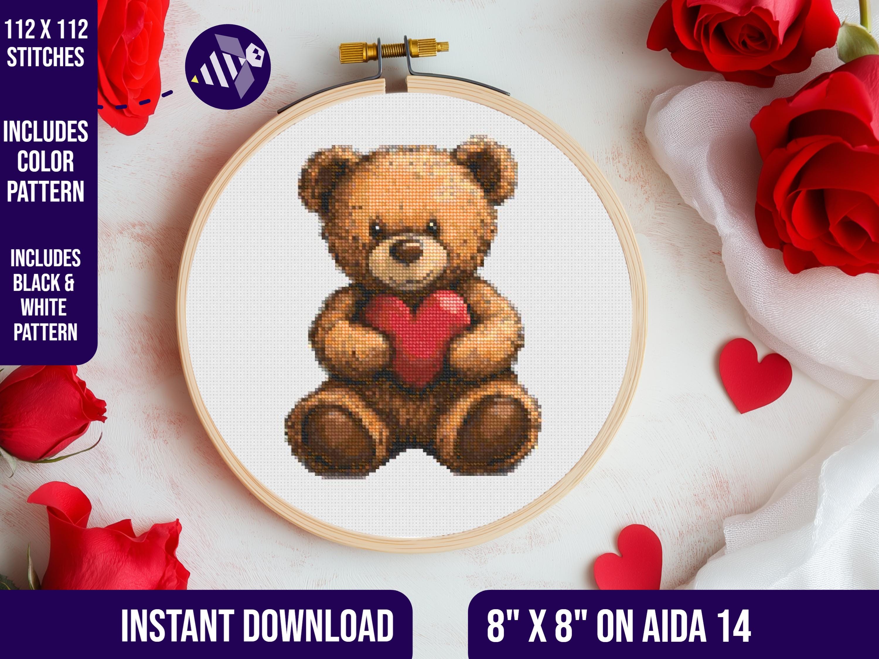 Teddy Bear Cross Stitch Pattern, Teddy Bear with Heart Cross Stitch Pattern, Challenging Cross Stitch Pattern, Difficult