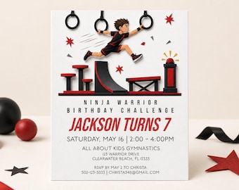 Puede incluir: Una tarjeta de invitación de cumpleaños rectangular con un personaje de dibujos animados en anillas de gimnasia y equipo de pista de obstáculos. El texto dice: NINJA WARRIOR BIRTHDAY CHALLENGE, JACKSON TURNS 7, SATURDAY, MAY 16, 2:00 - 4:00PM, ALL ABOUT KIDS GYMNASTICS, 123 WARRIOR DRIVE, CLEARWATER BEACH, FL 12333, RSVP BY MAY 2 TO CHRISTA 502-123-3333 | CHRISTA348@GMAIL.COM.
