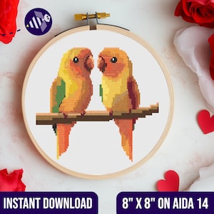 Love Birds Cross Stitch Pattern, Valentine&#39;s Day Cross Stitch Pattern, Lovebirds cross stitch pattern, animals cross stitch