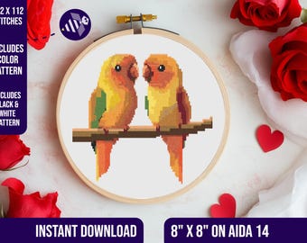 Schema punto croce per piccioncini, animali di San Valentino (download digitale)